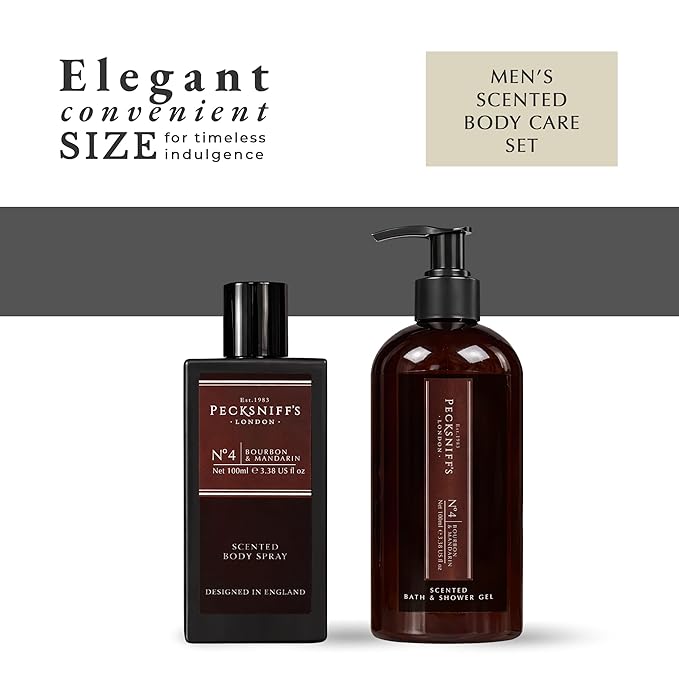 Pecksniff’s Men’s Body Duo Set – Bourbon &amp Mandarin Scented Bath &amp Shower Gel 250ml &amp Body Spray 100ml – Luxury Grooming Gift Set for Him