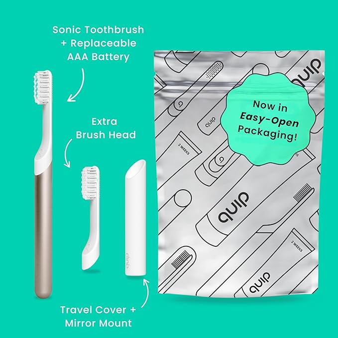 Quip Metal Sonic Electric Toothbrush for Adults - Time Travel &amp Soft Bristles with Travel Case &amp Replacement Brush Head - 3 Month Battery Life Peach Gold