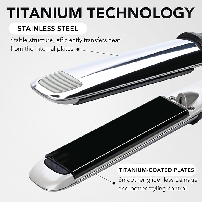 Professional Titanium Flat Iron 1 1/4 Floating Plates 2-in-1 Hair Straightener &amp Curler 10 Temps up to 480°F Negative Ion Dual Voltage Fast Heating Hair Tool – Gray