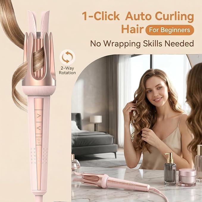 1.25 Inch Automatic Curling Iron Dual Voltage Auto Curler for Travel with Global Adapter &amp Storage Bag Anti-Scald Ceramic Coating for Beach Waves Ionic Rotating Hair Curler for Long Hair