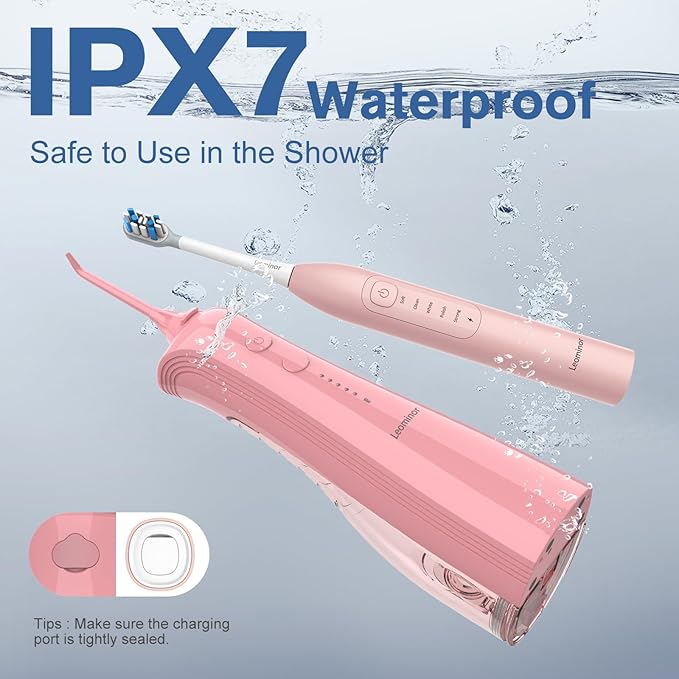 Leominor 3-in-1 Water Flosser &amp Electric Toothbrush Combo – Cordless Oral Irrigator with 235ml Large Tank5 Modes IPX7 WaterproofFreshening Stripsfor TeethGumsBracesHome &amp TravelPink