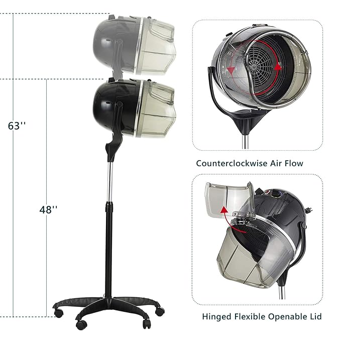 Adjustable Ionic Hooded Hair Dryer Professional Stand up Bonnet Hard Hat Dryer on Wheels Salon Barber Beauty Hair Treatment Styling Equipment
