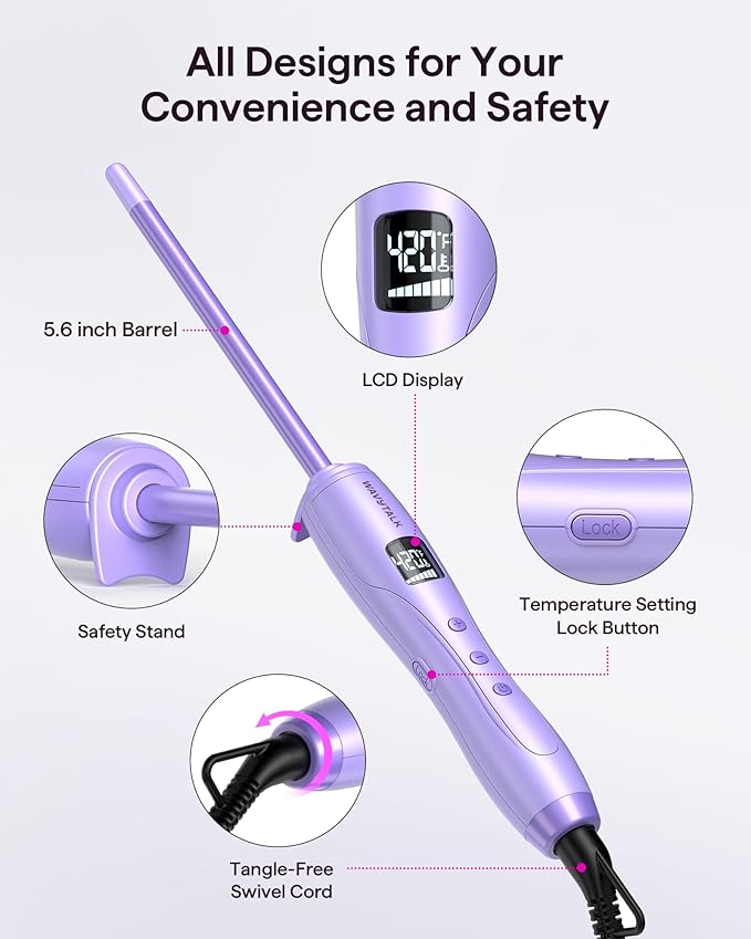 Wavytalk 3/8 Inch Small Curling Iron Curling Wand for Short &amp Long Hair Ceramic Small Barrel Curling Iron with Adjustable Temperature Include Heat Resistant Glove (Purple)