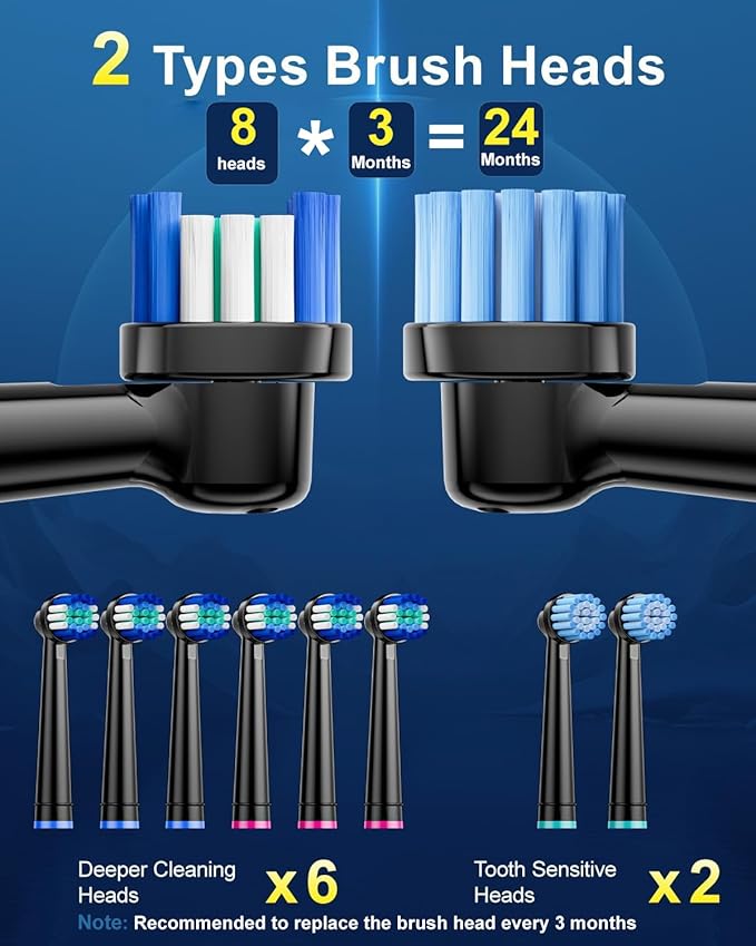 Rotating Electric Toothbrush for Adults with 8 Brush Heads Travel Case 5 Modes Rechargeable Power Toothbrush with Smart TimerUSB-C Charge 50-Day Battery Life 3 Intensity R05(Black)