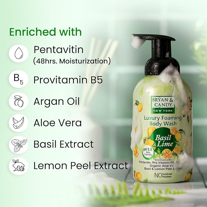 BRYAN &amp CANDY Basil &amp Lime Luxury Foaming Body Wash With PentavitinPro Vit B5Argan OilAloe Vera Basil &amp Lemon Peel Extract Skin Friendly Ph 5.5 All Skin Types 400 Ml 400 Ml (Pack Of