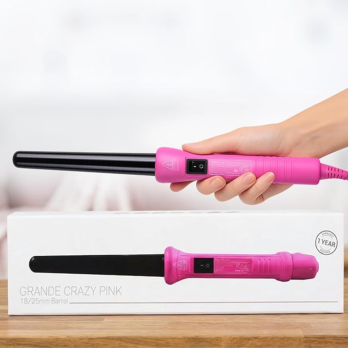 HerStyler Grande Ceramic Curling Iron - 1 inch Pink (Curling Wand for Long Short Hair Dual Voltage Negative Ions Tapered Barrel User Friendly PF30)