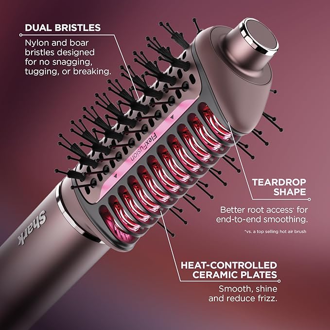 Shark FlexFusion Hair Straightener &amp Powerful Hair Dryer with Fusion Hair Brush Ceramic Air Styler with Auto-Wrap Curlers &amp Concentrator Ceramic Plates Cosmic Blush HD641S