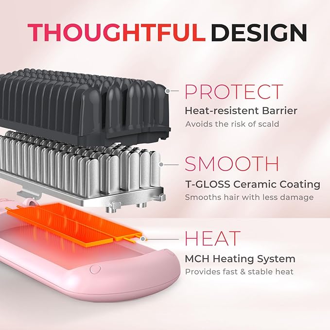 TYMO Ionic Hair Straightener Brush - Straightening Comb with 10M Negative Ions 25s Heat-up 16 Temps Dual Voltage LED Display | Ceramic Hot Comb Hair Brush Straightener for Women Pink
