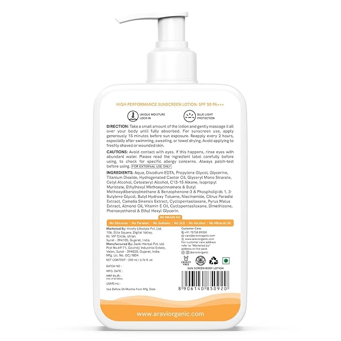 Ara.vi Org.anic Oil-Free Sunscreen Body Lotion SPF 50 PA++++ | Lightweight Quick Absorbing &amp No White Cast | UVA &amp UVB Protection | With Niacinamide Hyaluronic Acid &amp Copper Tripeptide |