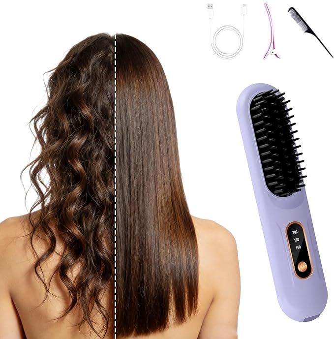 Hair Straightener Brush Rechargeabl Fast Heating Hair Straightener Comb with 3 Temperature &amp LED Display Mini Hair Brush Travel Accessories Beauty (Purple)