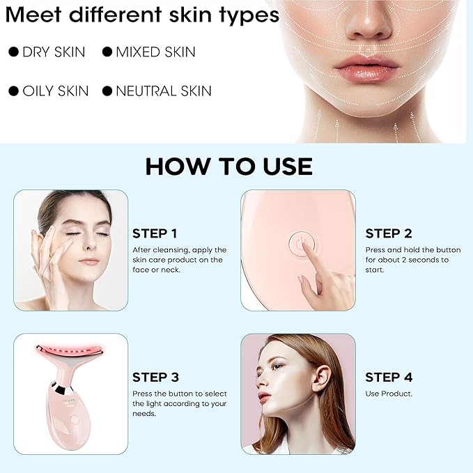 Facial Massager Red-Light Portable Face Neck Massager Wand for Skin Care (Pink)