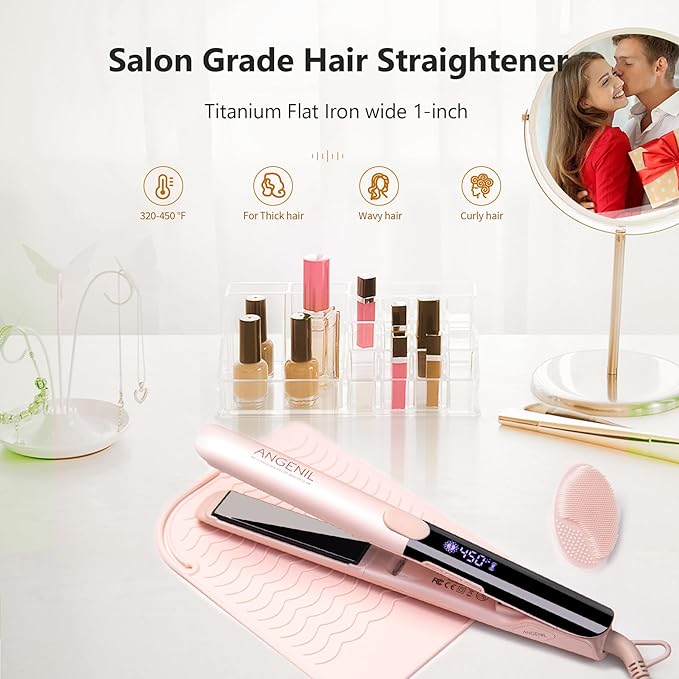 ANGENIL Pro Round Pink Dual Voltage Hair Straightener Irons Titanium Flat Iron Hair Straightener and Curler 2 in 1 with Heat Resistant Silicone Mat Smoothness Large LCD Display 20S Fast Heat Up