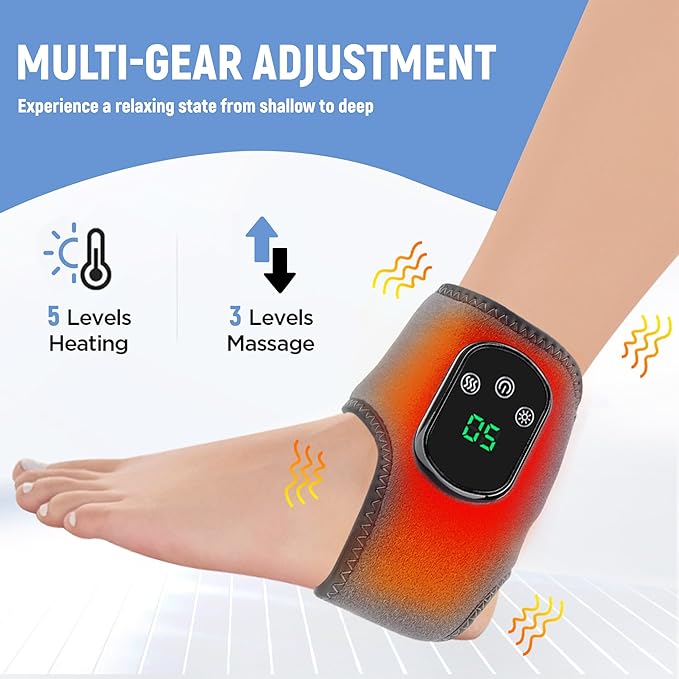 Rechargeable Ankle &amp Foot Massager with Adjustable Heat Therapy – 5-Temp Infrared 3-Level Vibration for Pain Relief &amp Relaxation