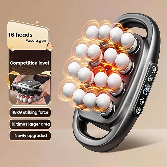 Deep Tissue Massage Gun 16 Head Percussion Massager with Heat &amp 3 Modes 30 Adjustable Intensities Low Noise Portable Electric Massager for Muscles Back Waist Legs
