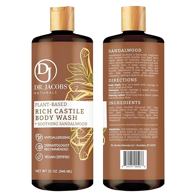 Dr. Jacobs Naturals Castile Sandalwood All-Natural Body Wash for Moisturizing Dry and Sensitive Skin with Plant-Based Ingredients with Pump - 32 Ounce