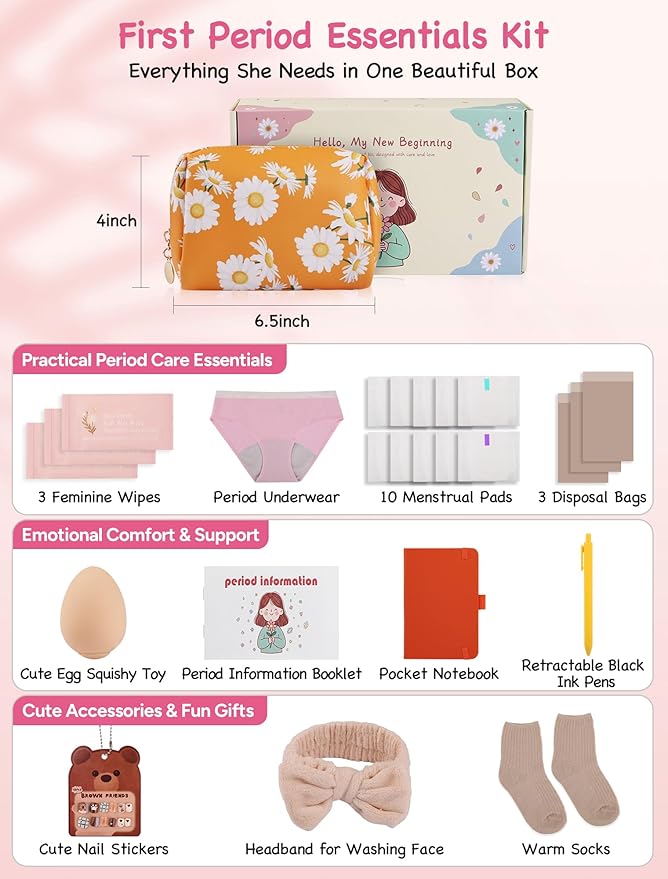 First Period Gift Kit for Girls 9-12 | Complete Tween Period Set with Daisy Yellow Bag Leak-Proof Panties Teen Pads Wipes Diary Nail Stickers &amp More – Perfect for School &amp Travel (M)