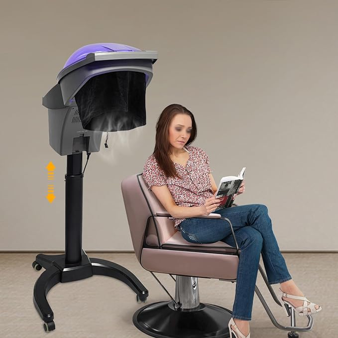 7 Light Standing Hair Steamer 700W Multi-Function Hair Salon Steamer with 4 Wheels and Water Tank Adjustable Height Hooded Hair Steamer for Home Barber Stores Beauty Stores (Black)