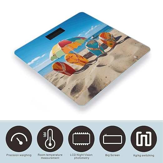 Colorful Flip Flops Beach Ball Scale for Body Weight Safe Rounded Corners Tempered Glass Digital Bathroom Scale LED Display 400lb Capacity Weight Scales with High Precision Sensors