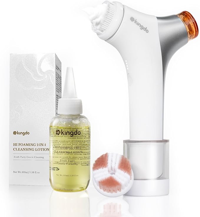 kingdo 2-in-1 Face Scrubber &amp Makeup Remover Device Smart Automatic Foaming Facial Cleansing Brush Exfoliator with Face Cleanser for Deep Cleansing &amp Exfoliating &amp Removing Makeup Skin Ca
