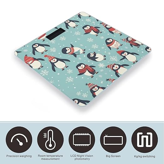 Winter Christmas Penguins Bathroom Scale for Body Weight with High Precision Large LCD Backlight Display Digital Weighing Scale with BMI Capacity Up to 180kg