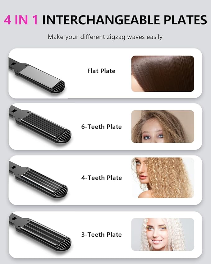 Hair Crimper Waver Professional Hair Straightener Beach Waves Curling with 4 Interchangeable Ceramic Plates | Auto Temp Control for All Hair Types | Quick Heat Wide Plate Styling Tool &amp Straighte