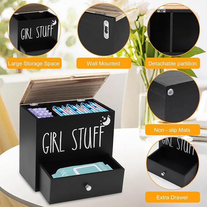 Tampon Holder for Bathroom Decor Feminine Product Organizer With Lid Shark Week Storage Pad Organize Case with lid Shark Week Tampon Storage Lady Stuff Box for Bathroom Accessories (Black)