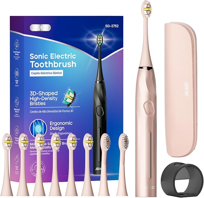 SEAGO Electric Toothbrush with 8 Soft Bristle Heads for AdultsPressure Sensor 5 Modes with 2 Minutes Build in Smart TimerRechargeable Travel Toothbrush with Brush Hold and Travel Case(2752Pink)