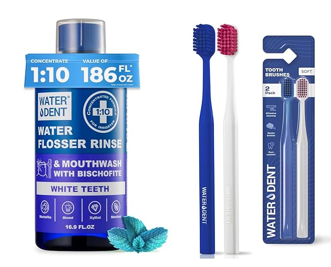 Medium Soft 2-Pack Toothbrush &amp Concentrated Water flosser Rinse &amp Mouthwash White Teeth Alcohol and Fluoride Free. Made in USA