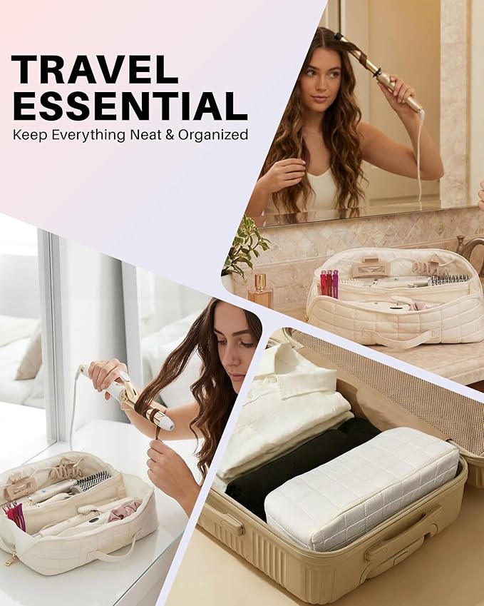 Hot Tools Travel Case with Heat Resistant Mat Pouch Large Hair Tool Organizer Bag for Curling Iron Flat Iron Hair Dryer Hot Air Brush Water Resistant Makeup Bag Gift for Women Beige