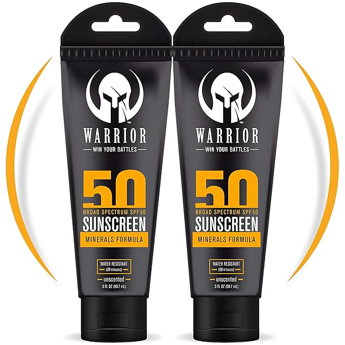 Warrior SPF 50 Sunscreen Lotion (2 Pack) - Reef Safe Unscented Lotion Water Resistant - 3 Fl. Oz Each - Carabiner Clip for Travel Products and More