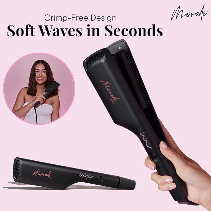 Mermade Hair Double Hair Waver Tool - Double 1 Barrel Iron for Crimp-Free Beach Waves Hair Curler for Women Ionic Ceramic Plates Reduces Frizz Suitable for Short Medium &amp Long Hair - Black