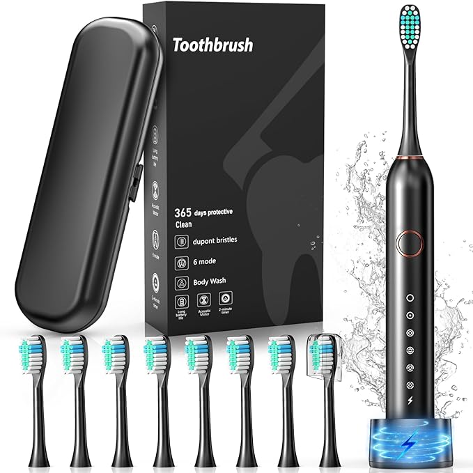 Electric Toothbrush Sonic Type for Adults &amp Teens 8 Brush Heads Travel Case 6 Modes 40000 VPM Electric Motor IPX7 Waterproof 2 Minutes Timer Wireless Charging One Charge for 100 Days-Blac