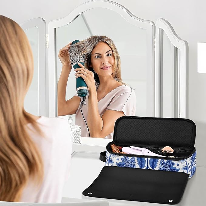 Hair Tools Travel Bag with Heat Resistant Mat Detachable 2-in-1 Curling Iron Travel Case Hot Tools Organizer for Straightener Flat Iron Blue and White Symmetrical Floral