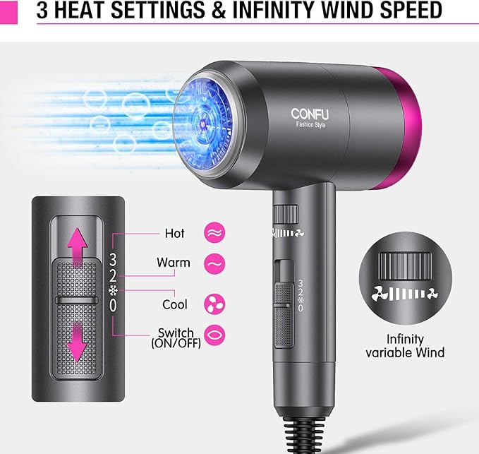 CONFU Ionic Blow Dryer 1600W Portable Lightweight Fast Drying Negative Ion Hairdryer Blowdryer 3 Heat Settings &amp Infinity Speed with Diffuser and Concentrator Nozzle for Home &amp Travel