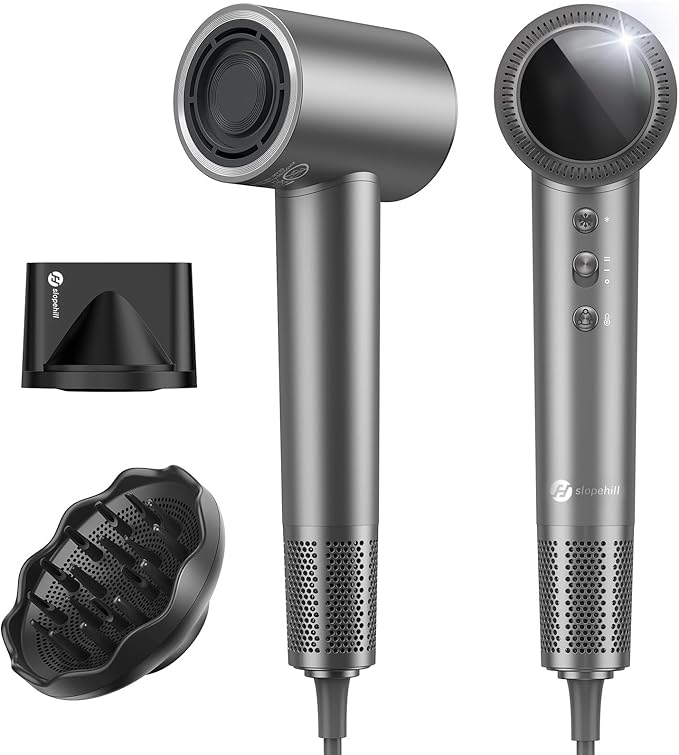 slopehill 110000 RPM Professional Hair Dryer - 0.8lb Ultra-Lightweight 2 Billion Ion Technology for 98% Frizz Reduction AI Smart-Temp Control Magnetic Attachments for All Hair Types (Dark Grey)