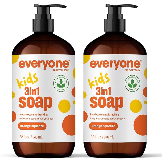 Everyone 3-in-1 Kids Soap Body Wash Bubble Bath Shampoo 32 Ounce (Pack of 2) Orange Squeeze Coconut Cleanser with Organic Plant Extracts and Pure Essential Oils (Packaging May Vary)