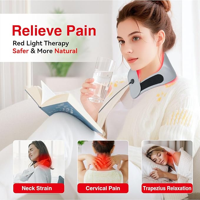 Red Light Therapy Neck and Shoulder Wrap 49 LED Device with 660nm Red + 850nm Near Infrared Portable Pain Relief Belt for Cervical Pain Shoulder Stiffness Muscle Relaxation Rechargeable Gray
