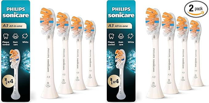 Philips Sonicare A3 All-in- - Genuine Replacement Electric Toothbrush HeadsWhiteYear SupplyHX9094/654 Count (Pack of 2)