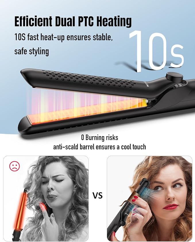 RACCOMB Salon 2 in 1 Curling Iron 1.25 Inch Hair Straightener and Curler 360° Airflow Styler Ionic Ceramic Hair Wand Dual Voltage Black