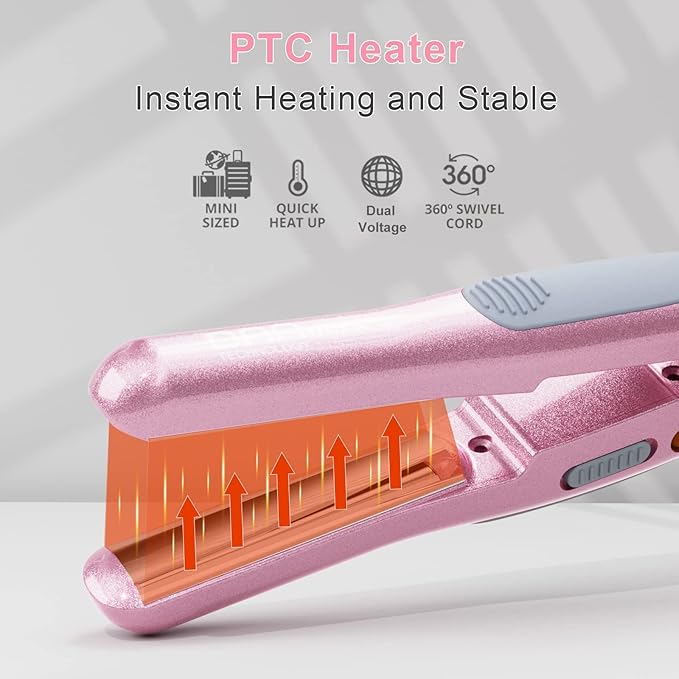 DAN Technology Hair Styling Set Including Travel Hair Dryer Mini Flat Iron and Travel Curling Iron with European Plug Dual Voltage Portable Storage Bag Pink