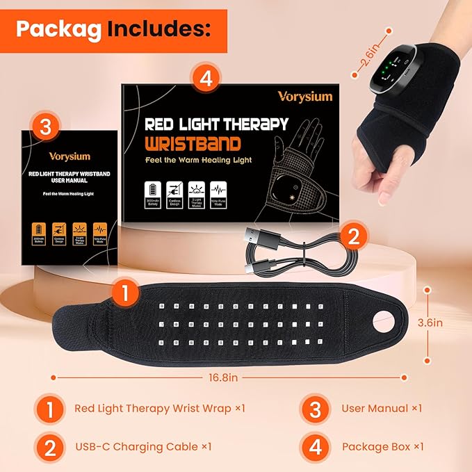 Red Light Therapy Wrist Wrap 36 LEDs with Soothing Heat Rechargeable Therapy Device for Joint &amp Muscle Comfort Black Support Brace with Black Edging