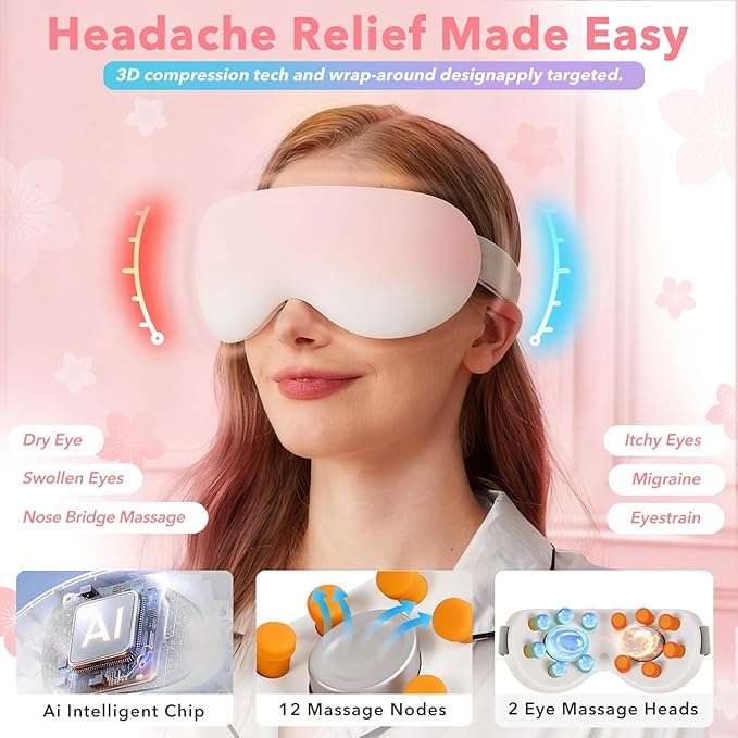 Eye Massager with Heat and Cooling for Migraines – 14 Massage Nodes for Eye Strain Relief Rechargeable Bluetooth Music Improve SleepEye Strain Relief Birthday Gifts for Women and Men(Pink)