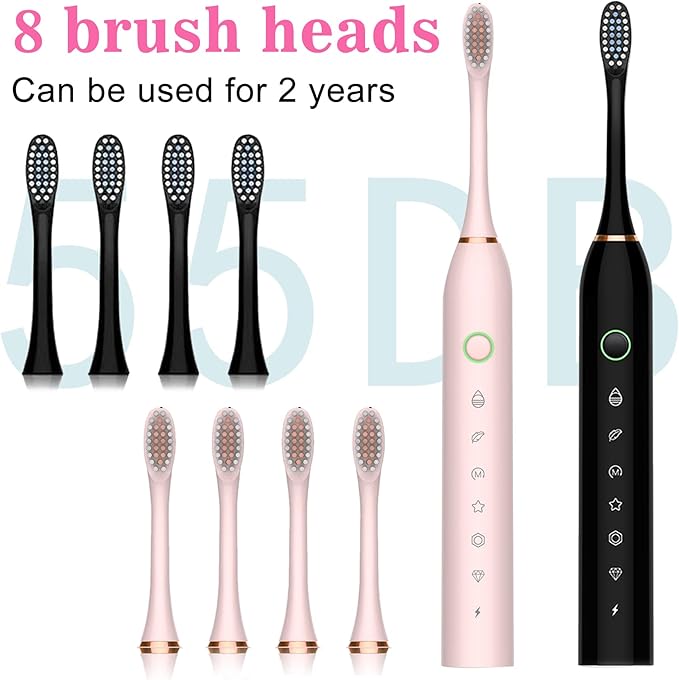 Electric Toothbrush for Adults Rechargeable Electric Toothbrush with 8 Brush Heads 42000vpm 6 Modes IPX7 Waterproof 2 Pack Soft Electric Toothbrush Black Pink