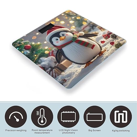 Christmas Funny Penguin Bathroom Scale for Body Weight Bathroom Digital Electronic Weighing Scale with Back Lit LED Display Sturdy Tempered Glass Weight Watchers Scales 400lb
