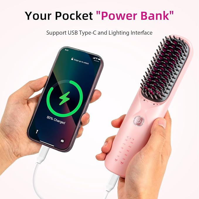 Cordless Hair Straightener - Portable Hot Hair Comb for Travel - 45s Fast Heating - 300 Million Negative Ions for Frizz-Free Gift for Women10000mAh