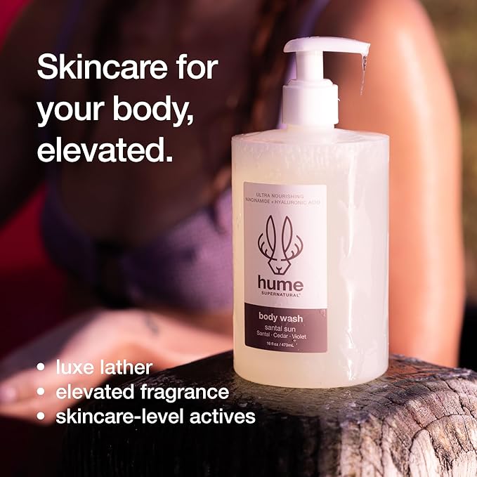 HUME SUPERNATURAL Ultra Nourishing Body Wash Santal Sun 16 fl. oz. - Cleanse nourish and replenish skin with Niacinamide Hyaluronic Acid and Prebiotics. Free from Sulfates Parabens Phthalates
