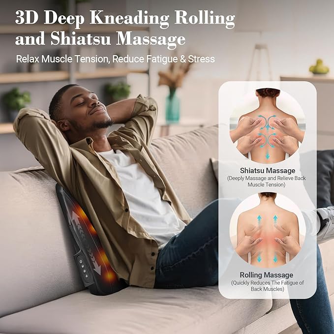FSA Eligible Cordless Back Massager for Pain Relief Deep Tissue HSA Approved Up and Down Rolling Low Back Massager with Heat Portable Shiatsu Lower Back Massage for Home Office