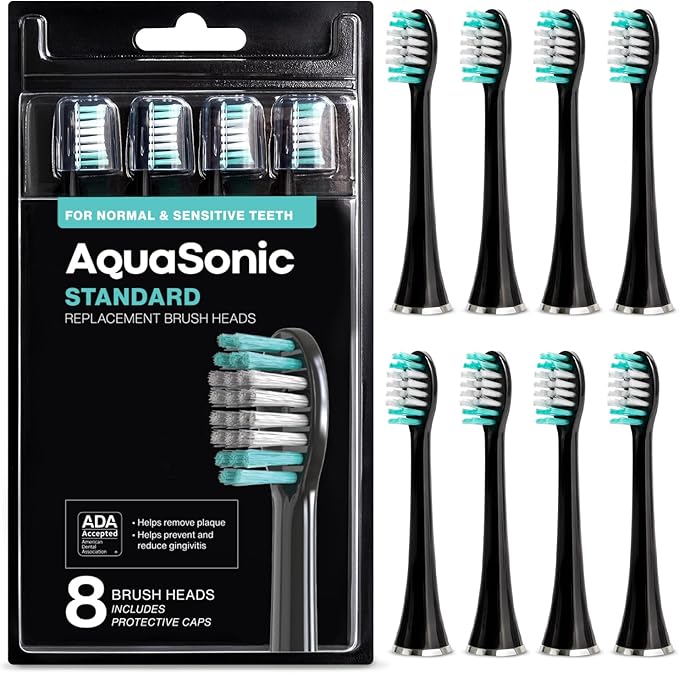 AquaSonic Genuine Standard Replacement Brush Heads | ADA Accepted | for Normal &amp Sensitive Teeth | Compatible with Many AquaSonic Toothbrush Handles (8 Pack Black)