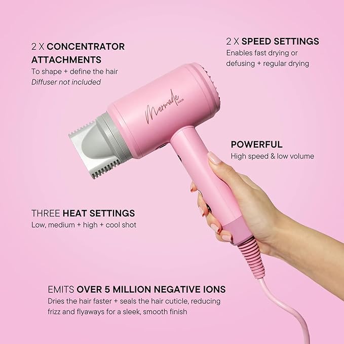 Mermade Hair Dryer - Blow Dryer Hairdryer Curly Hair Dryer Professional Blowdryer for Fast Drying Styling Blowout Compact &amp Portable Works on All Hair Types - Pink (Pack of 1)