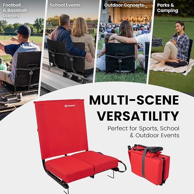 FUNDANGO Extra Wide Stadium Seats with Back Support for Adults Padded Bleacher Chairs with Back and Cushion Folding Bleacher Seats with Shoulder Strap for Football Baseball Sports